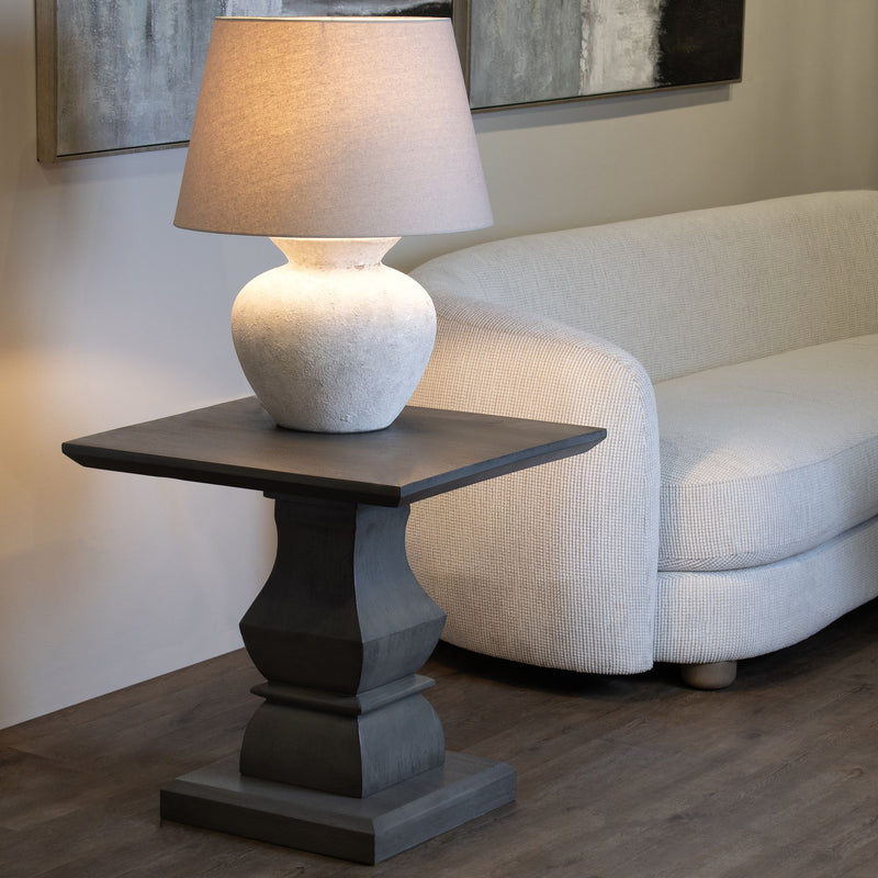 Athena Aged Stone Round Table Lamp With Linen Shade